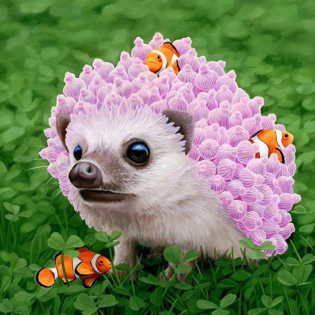 鸟类之外,乔恩·金还创作了其他动物的"头上开花"系列超现实油画作品