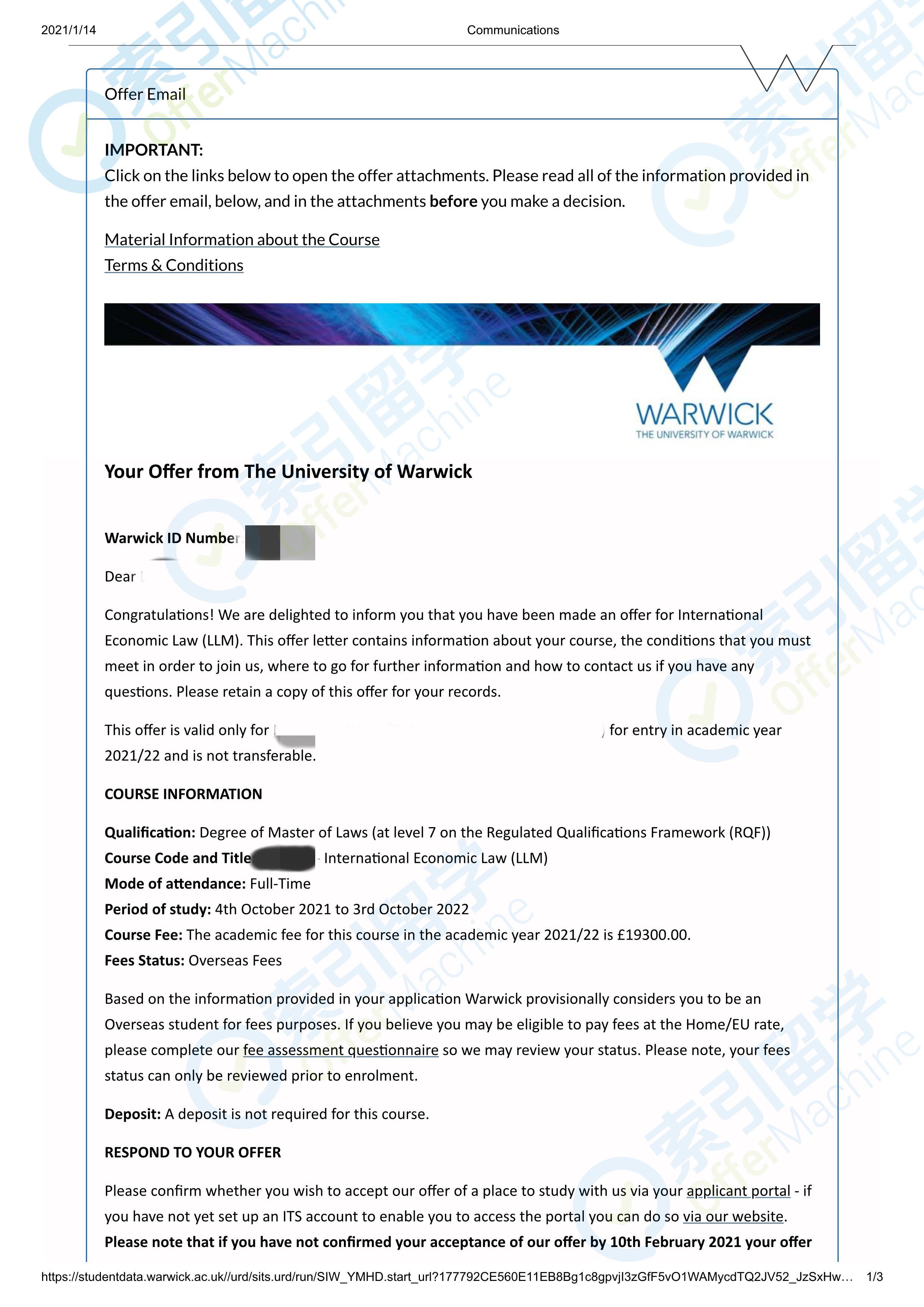 恭喜成功拿到华威大学offer