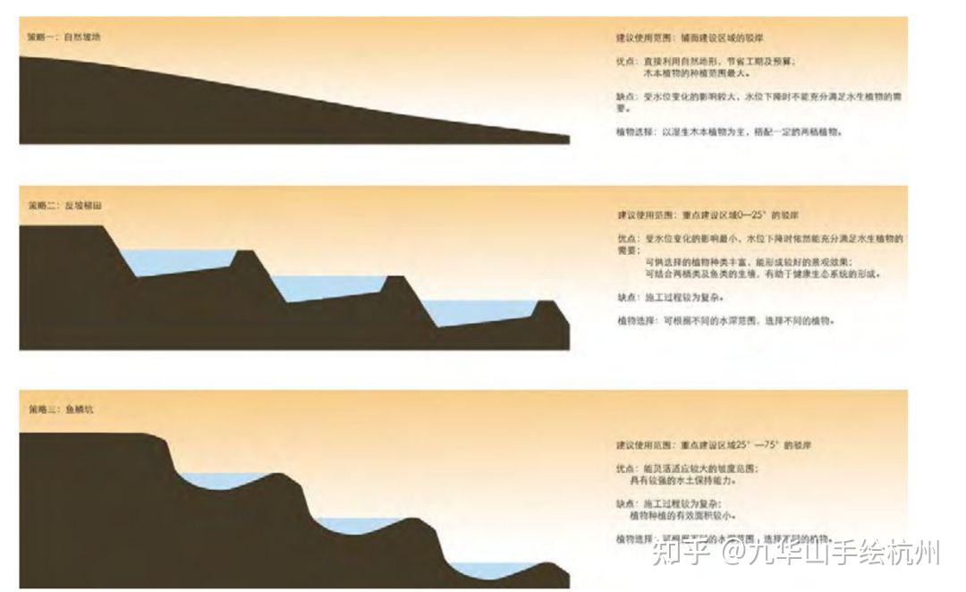 坡度 0-25° 驳岸区域使用反坡梯田处理, 依据不同水深和湿地类型选择