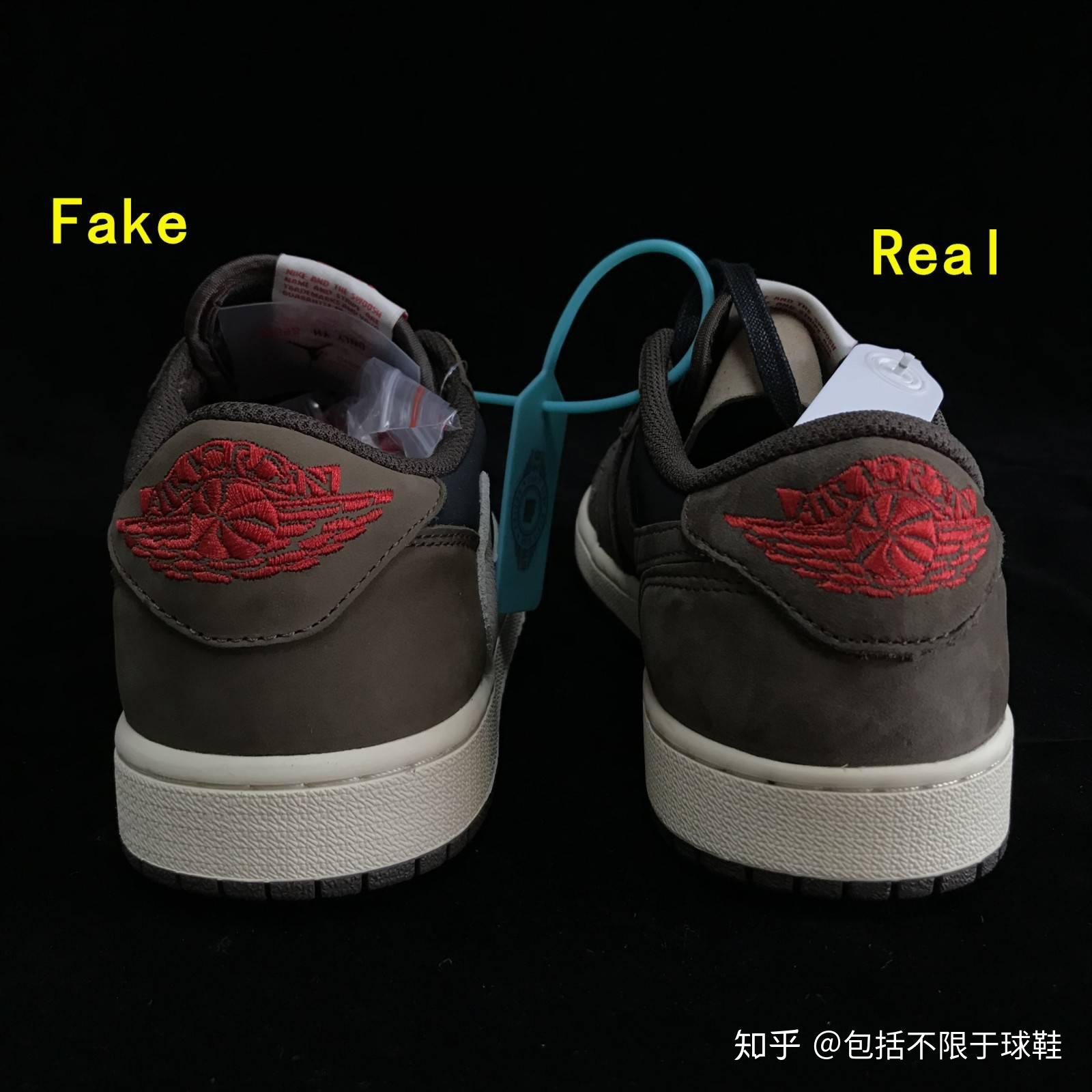 然后看到后跟刺绣对比,正品的后跟比较低,没有fake那么高,正品logo的