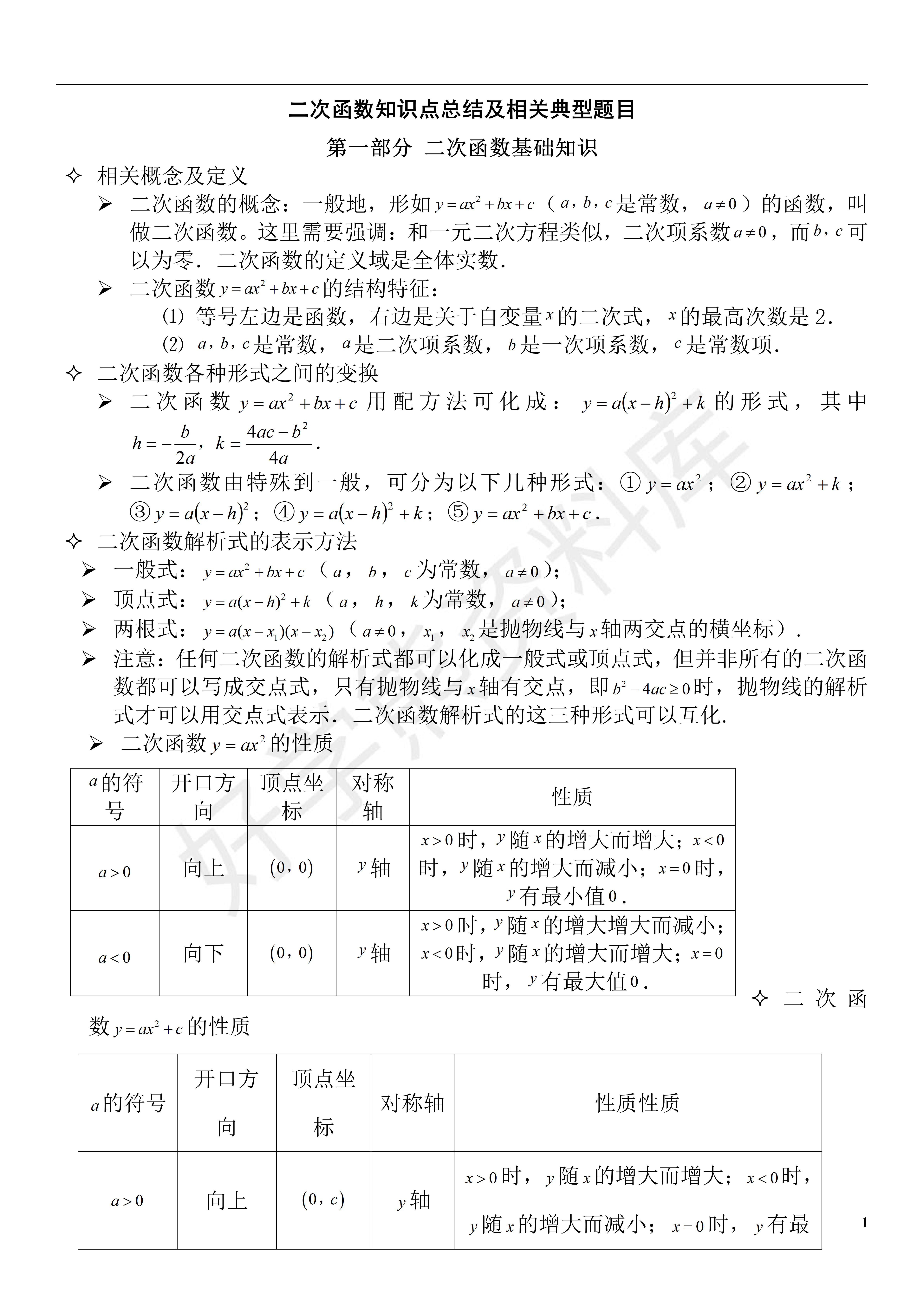 中考數學二次函數知識點總結