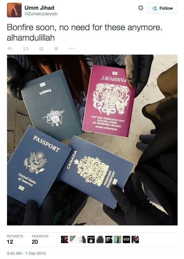 穆塔纳发了一条推特,配图是一起前往叙利亚的几个人的护照