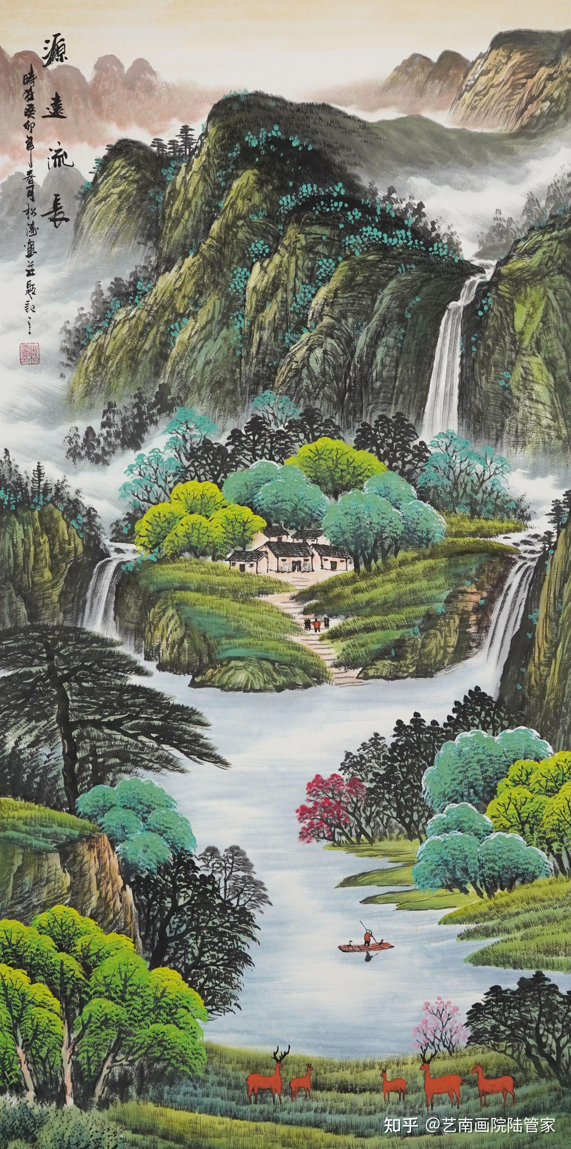 玄关西墙挂什么画好?曾松涛《源远流长》,山水藏福,五鹿纳吉