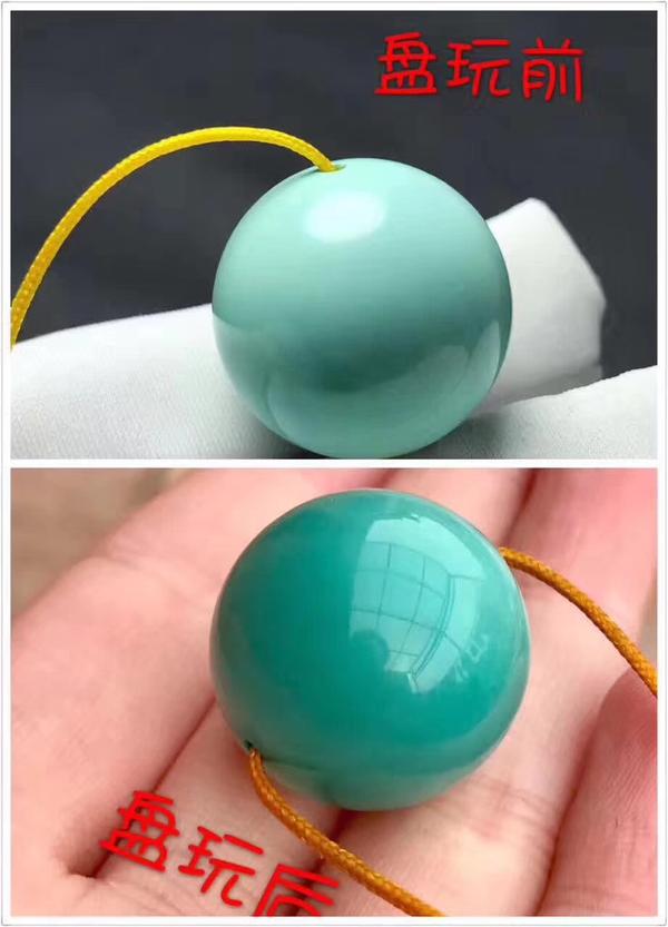 绿松石料质及盘玩效果 普通白兰料:瓷度一般,基本没有光泽度,盘玩价值