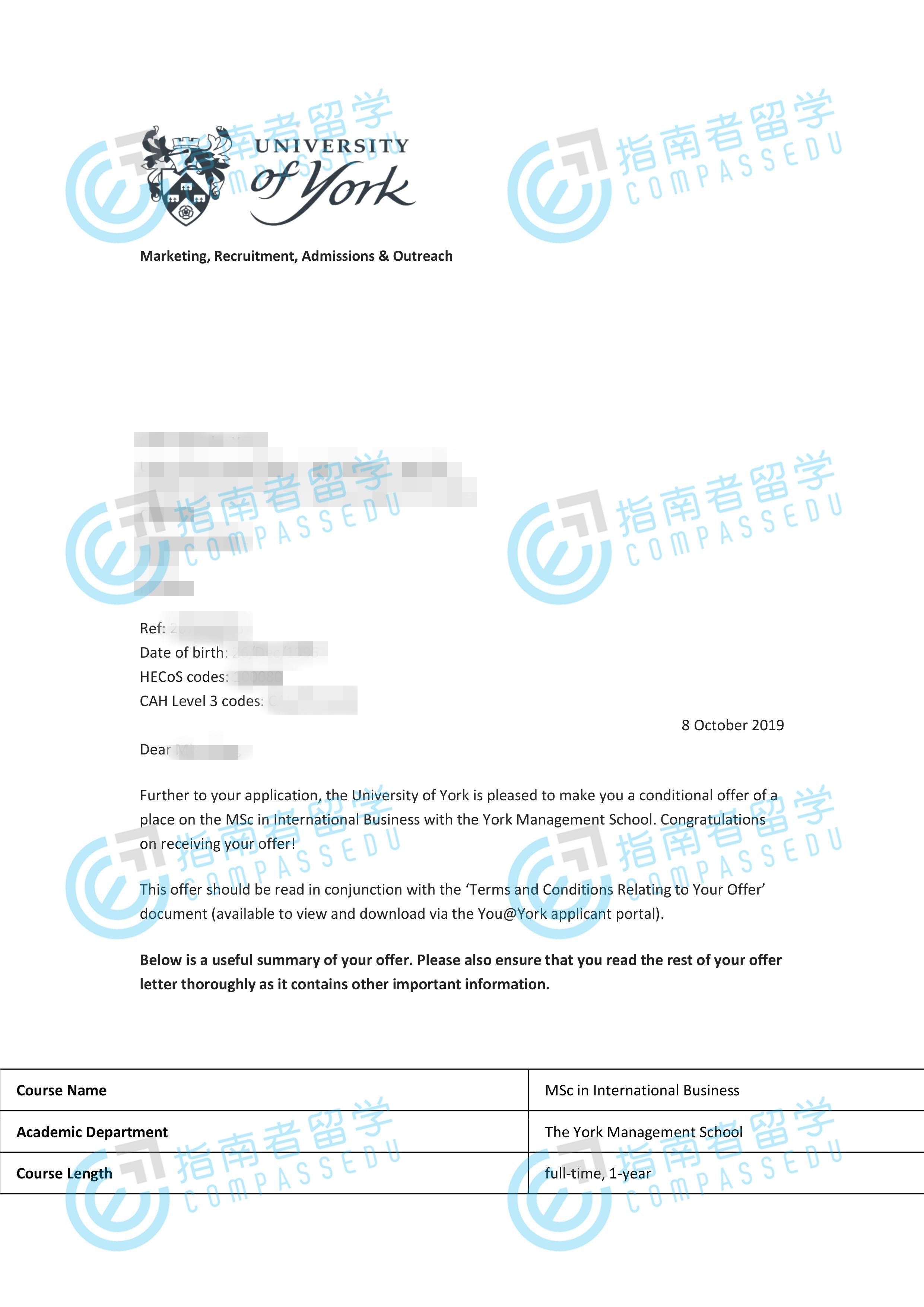 约克大学国际商务理学硕士研究生offer一枚