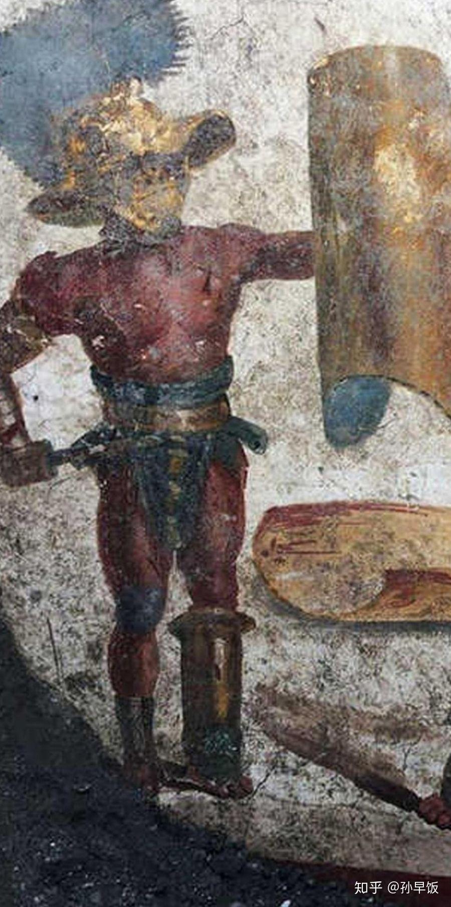 学家在古罗马城市庞贝发掘出一幅保存完好的壁画,描绘了格斗的角斗士