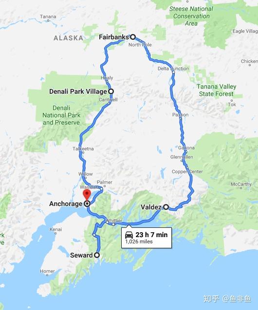 然后先向北前往denali山(就是麦金利山)公园,然后再往北到费尔班克斯