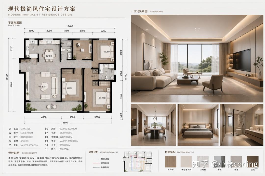 GPT-image-2 生成的现代极简风室内设计渲染图,平面图加 3D 效果