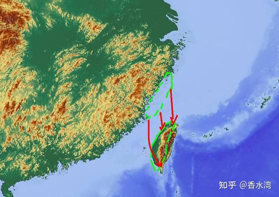 通過一組粘性拉伸痕跡和臺灣島東部到沖繩海溝南緣相連,線條向呂宋島