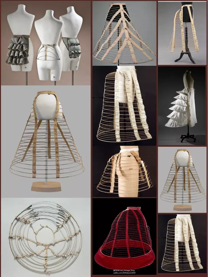 在腰上的臀筒和直径相同的鲸骨圈从上至下把裙子撑得像一个巨大的圆筒