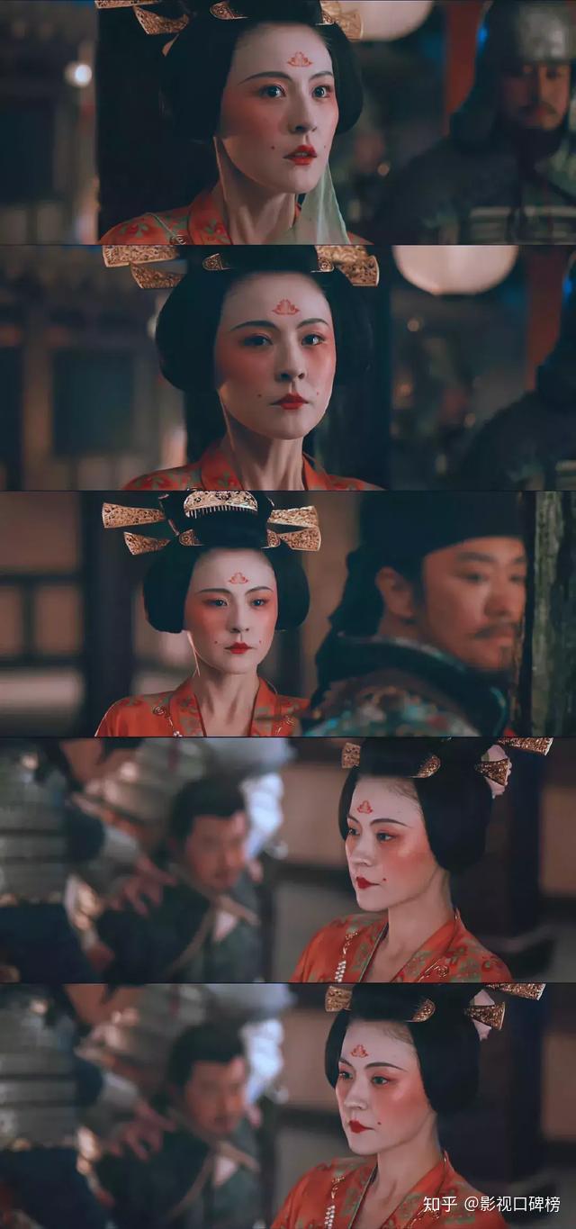 高发髻,小鹅脸,却月眉间藏花钿,仅是用黑,白,红三色画成的妆容便生动