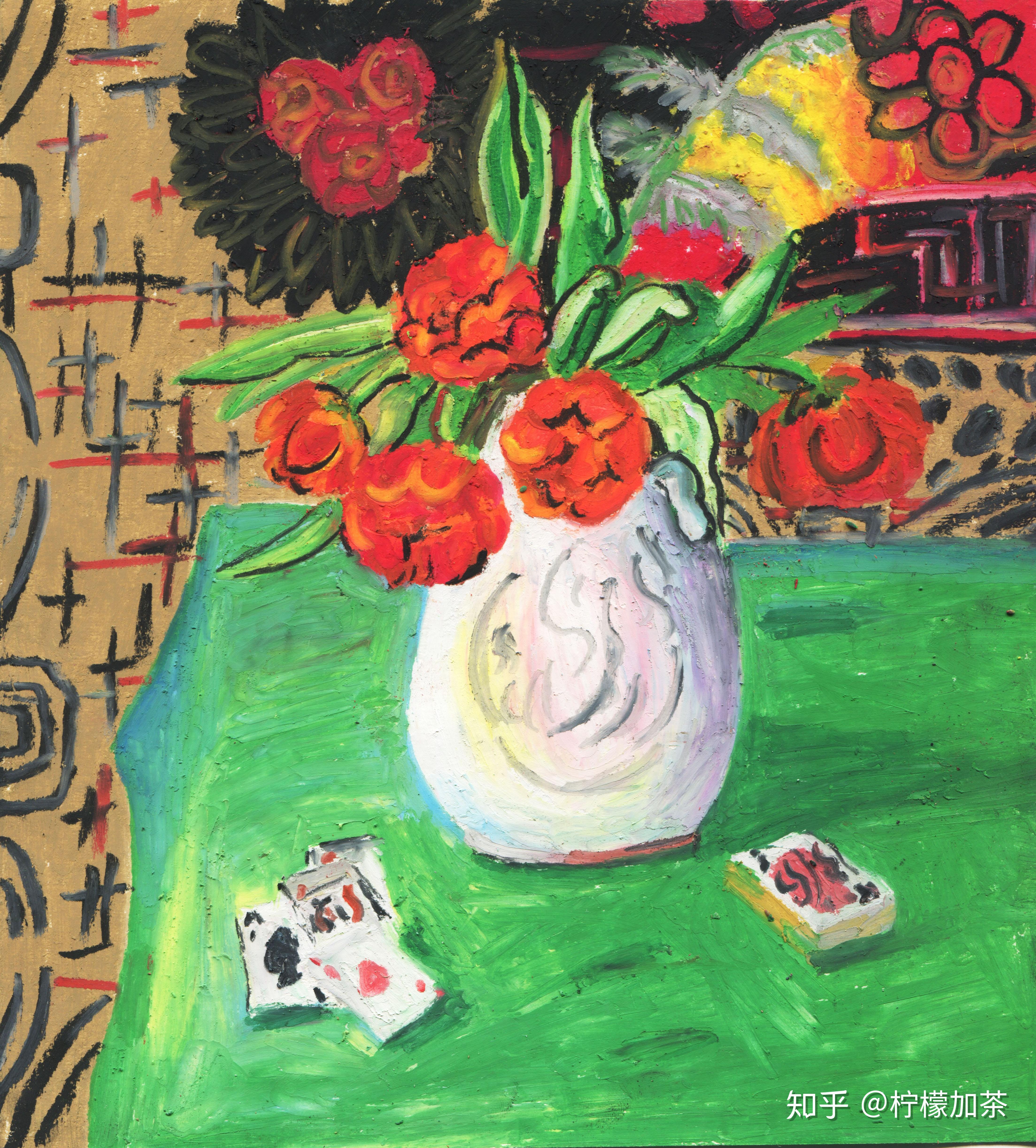 油画棒画名画潘玉良大丽菊与扑克牌