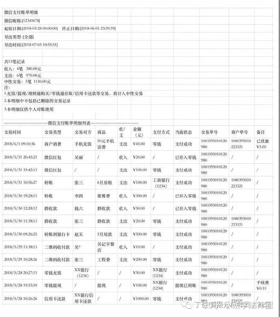 pdf格式的交易流水清单示例 法官律师如何去腾讯总部调取微信相关信息