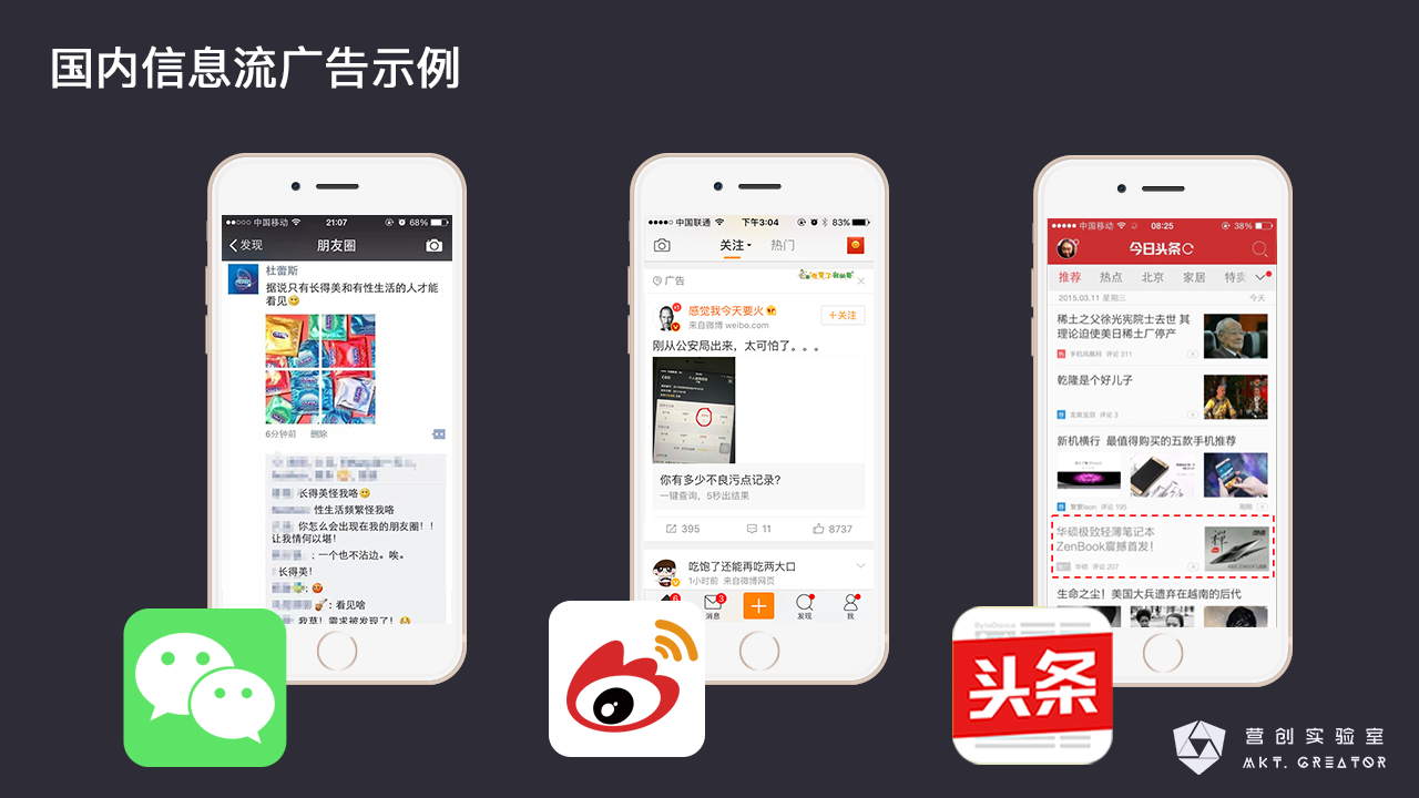微信朋友圈广告,今日头条首页的原生广告都是信息流广告