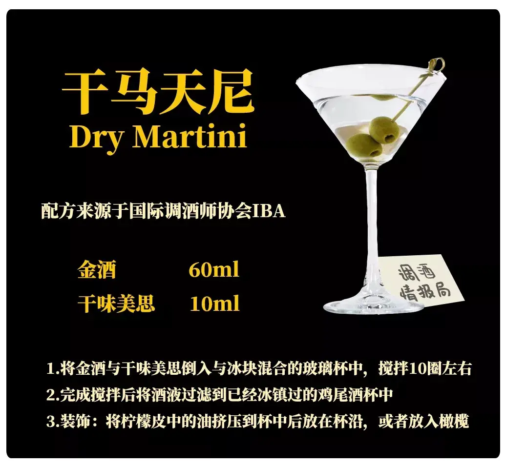 以上就是干马天尼的配方与做法,甜马天尼则是将配方中的干味美思换成