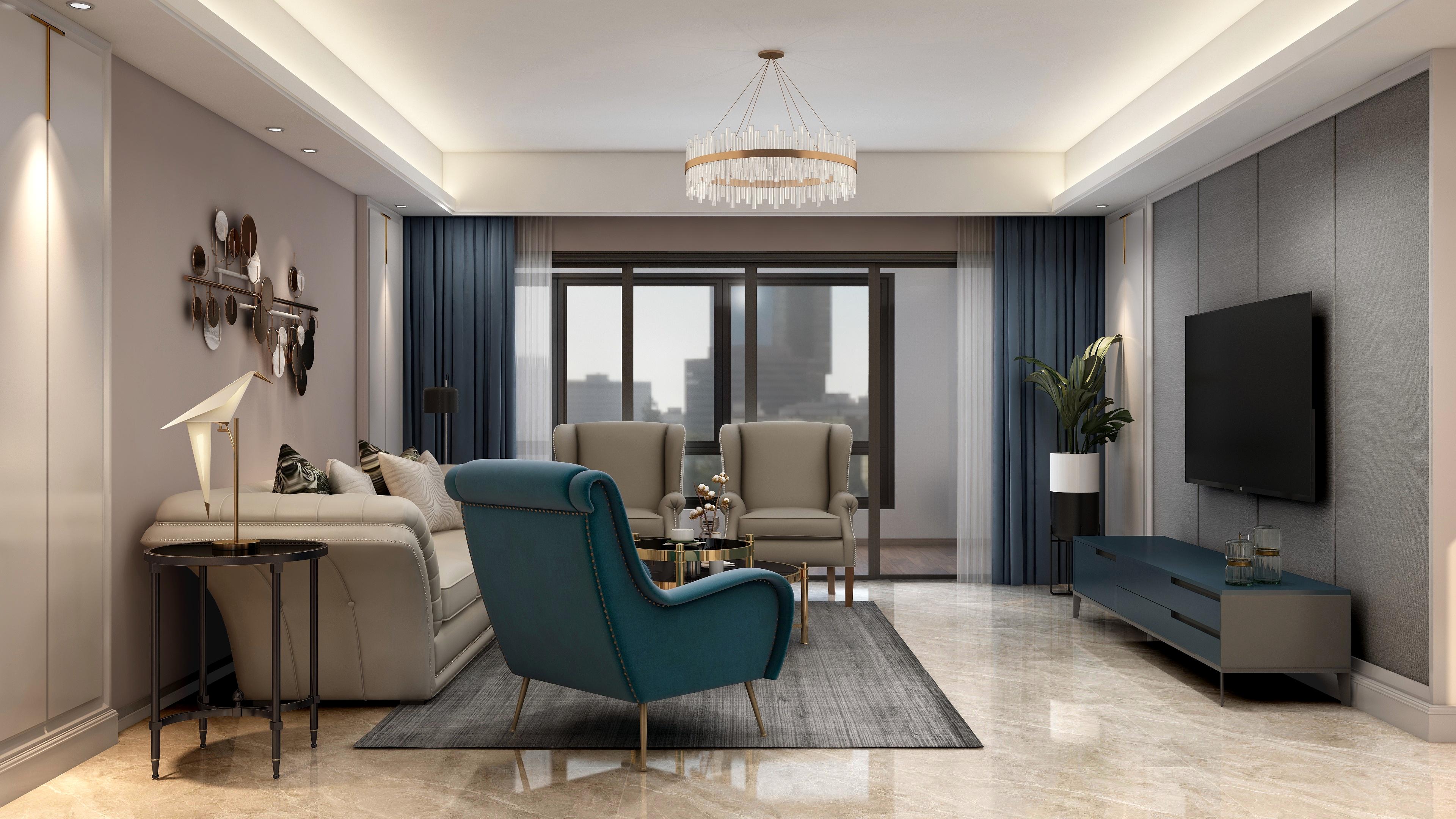 客厅利用米色,蟹青,灰色,月白等多种颜色搭配,营造出舒适,淡雅,高贵之