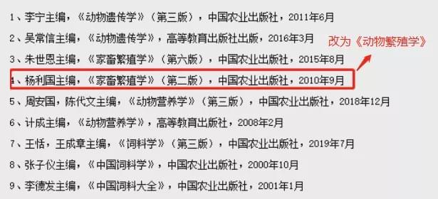 《家畜繁殖学(第二版)更改为杨利国主编《动物繁殖学(第二版)