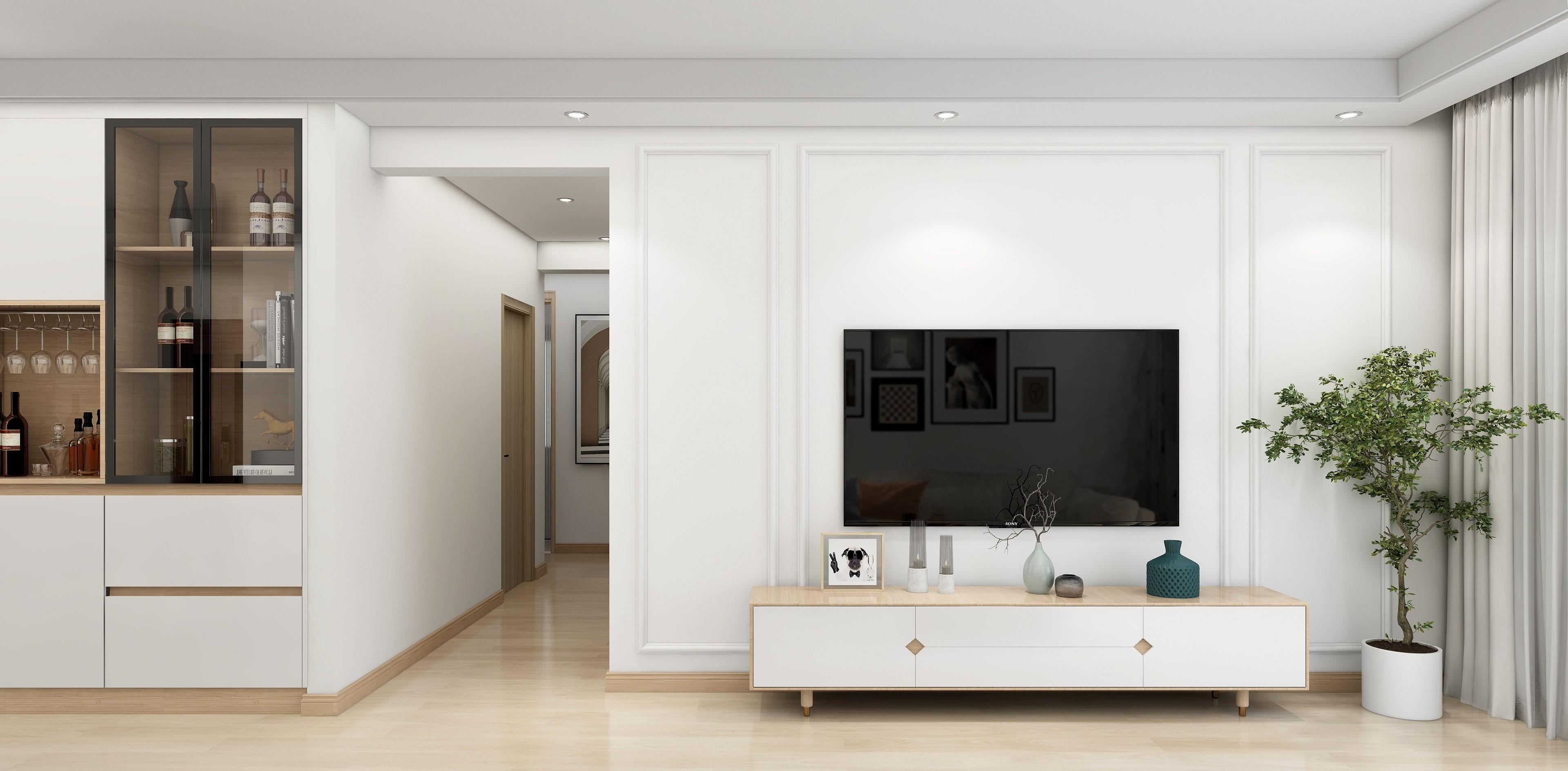 ▼客厅客餐厅连贯,以乳白色的墙漆为基调,通铺原木色地板并搭配米色调