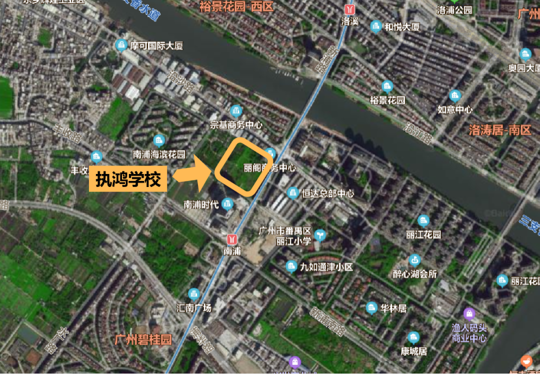 學校選址南浦大橋旁,緊鄰廣州地鐵2號線南浦地鐵站b出口和南浦裡商業