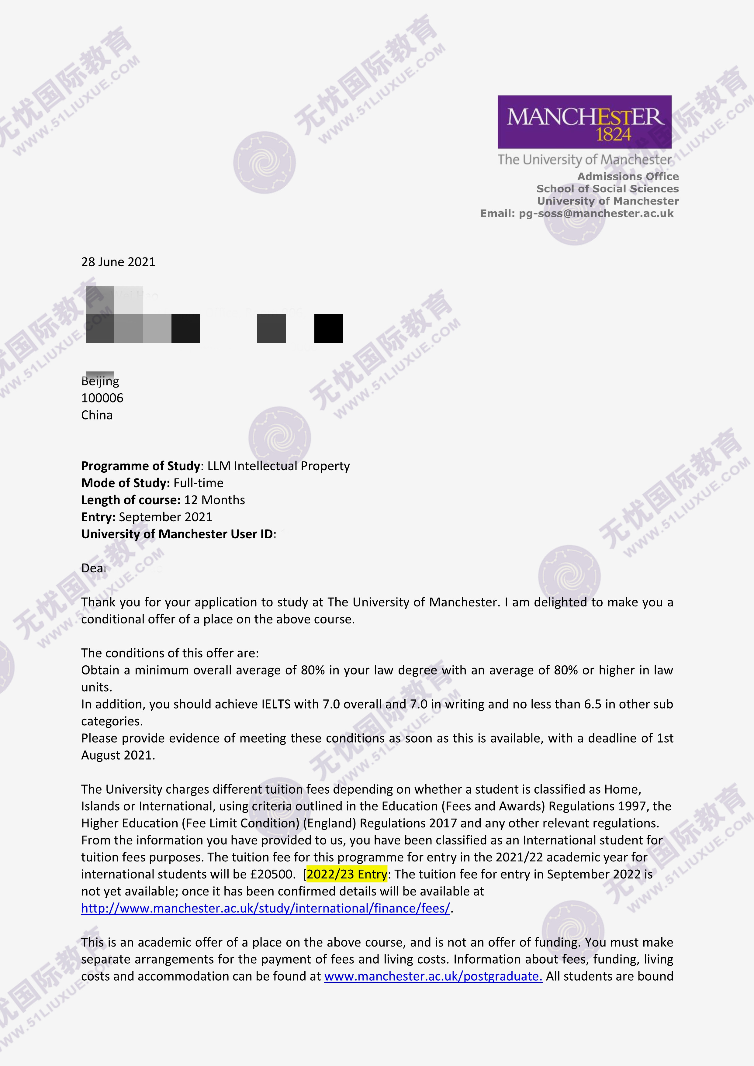 分享恭喜无忧留学a同学获得英国名校曼彻斯特大学的硕士录取offer