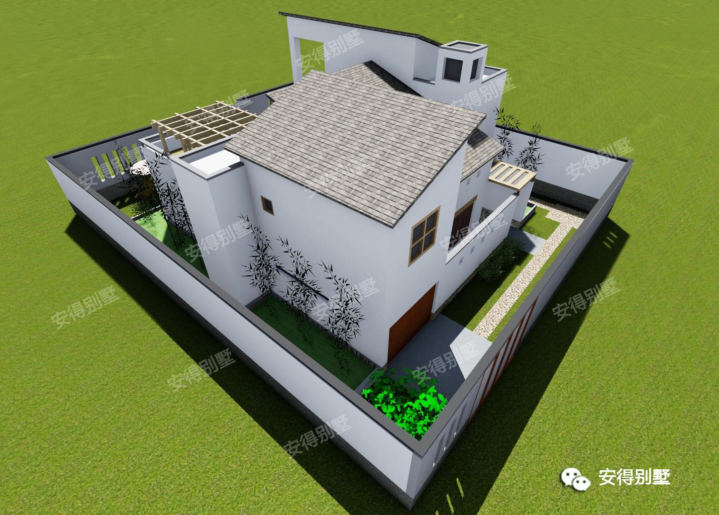 A726农村一层三合院小别墅设计图，带屋顶大平台-墅小宅