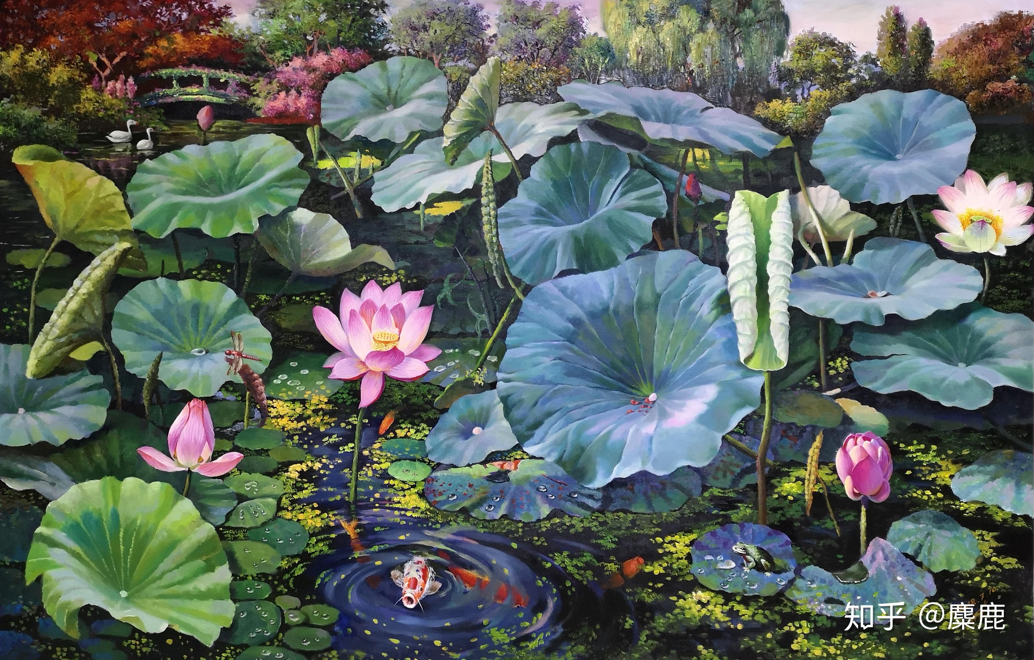 朝鲜画家画的油画荷花