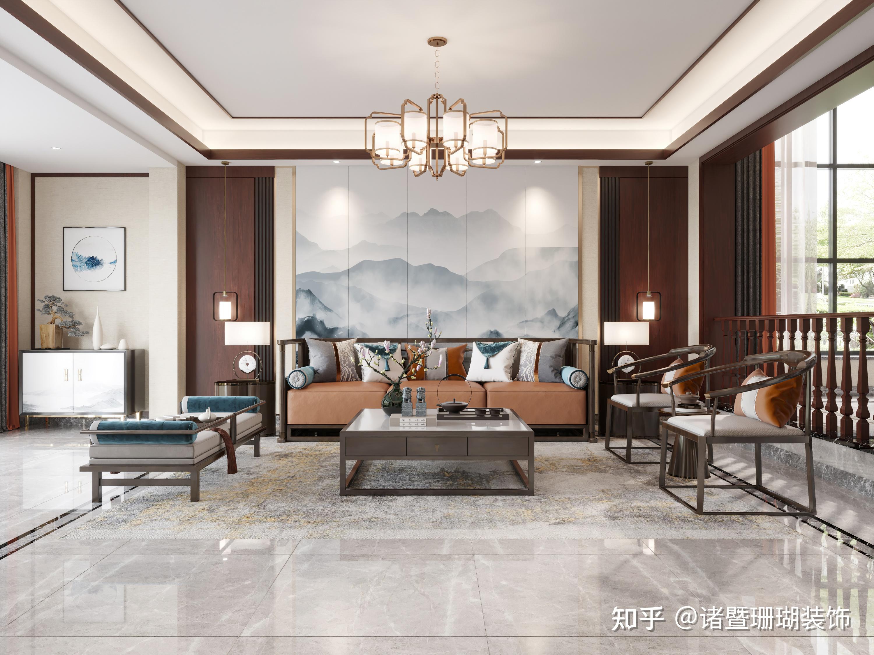诸暨装修|560㎡排屋别墅装修设计,绝美新中式尽显东方气韵