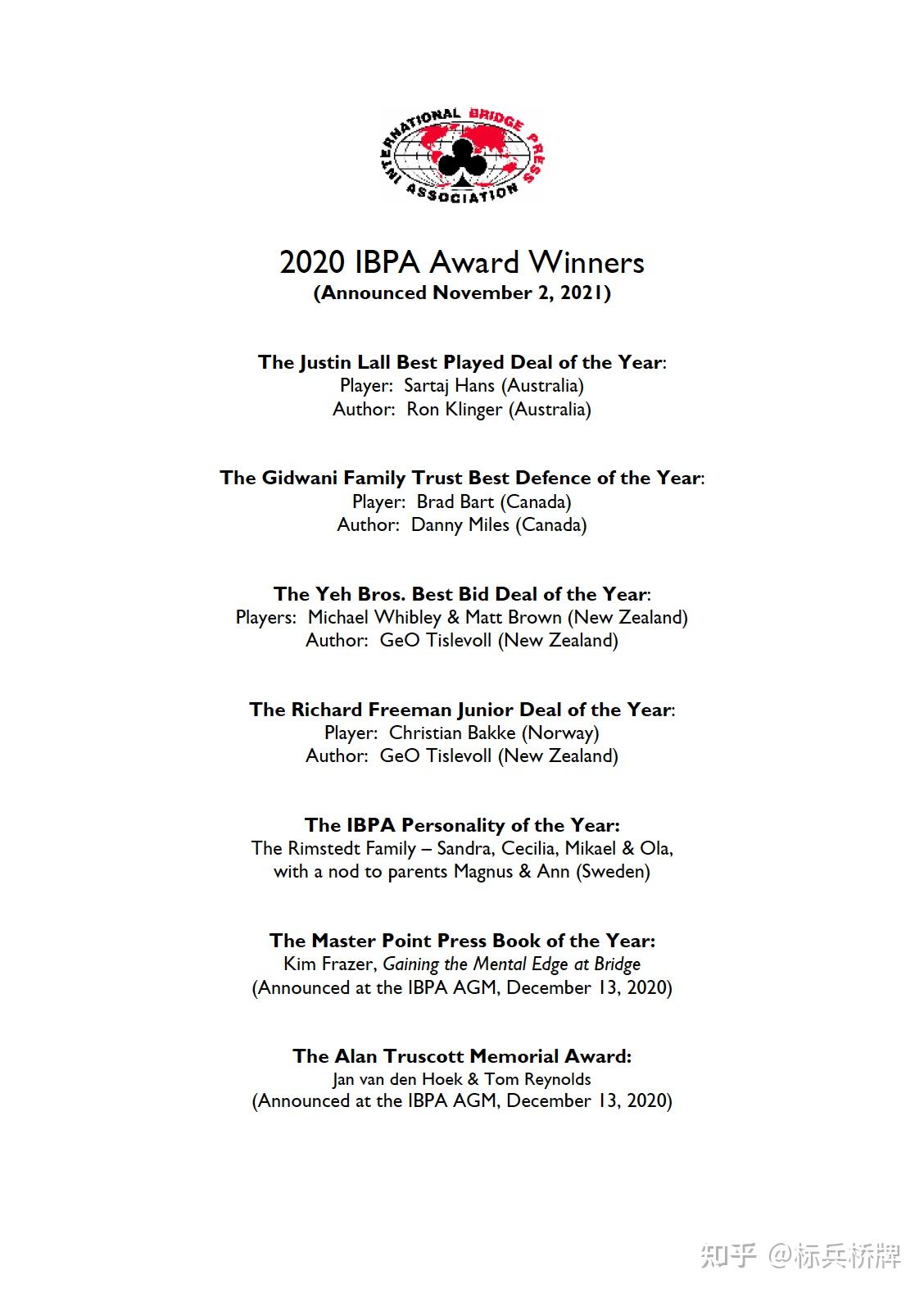 2020年世界桥牌最佳奖项揭晓 - 知乎