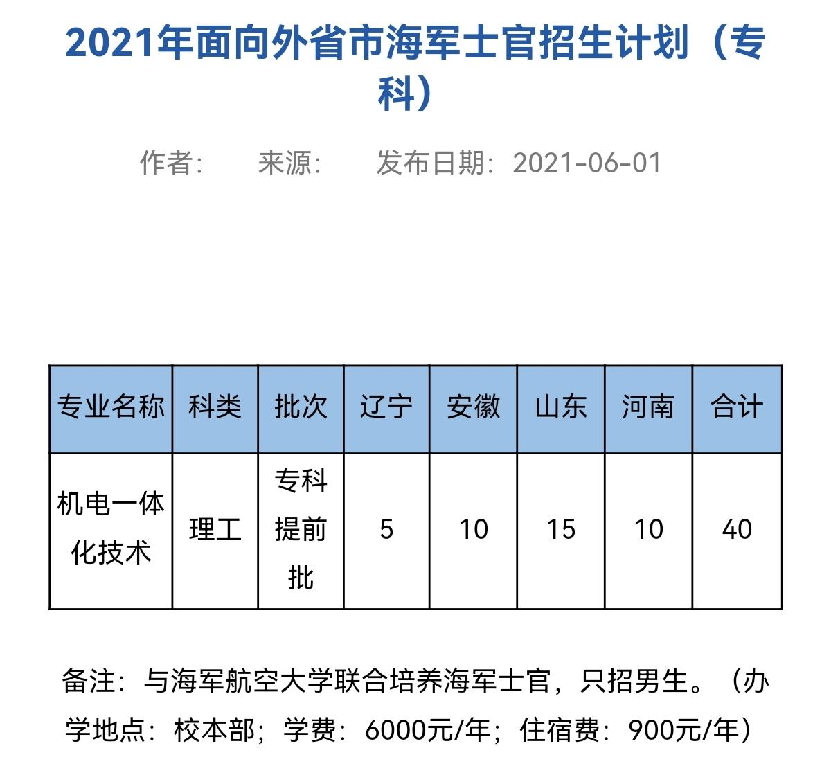 2021年各省各定向培養士官院校招生計劃一覽