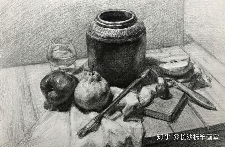 静物素描美术中考常见静物组合示范教学蛇果笔刷