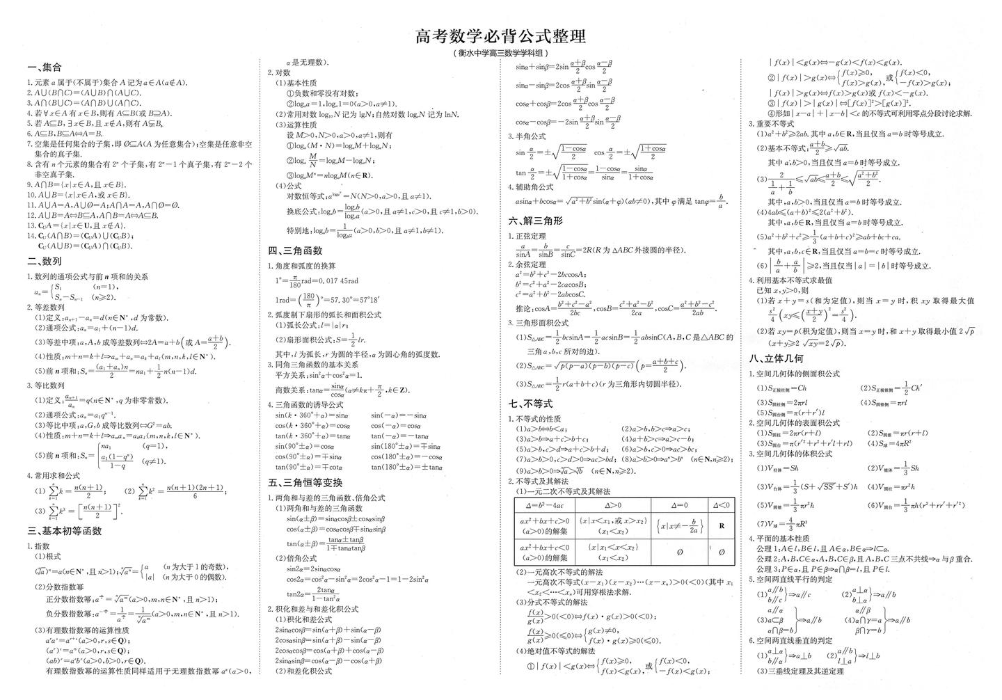 衡水中学内部整理 高考数学必背公式 2页可打印 知乎