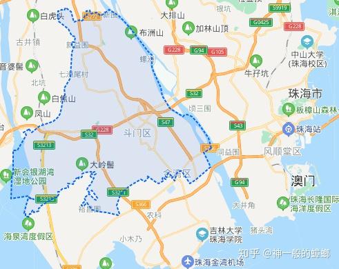 百度地图蓝色虚线框内为斗门区珠海市西部地区的双核心为斗门片区中心