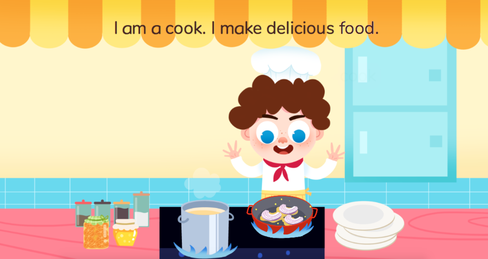 i am a cook.我是一个厨师,i make delicious food.我制作美味的食物.