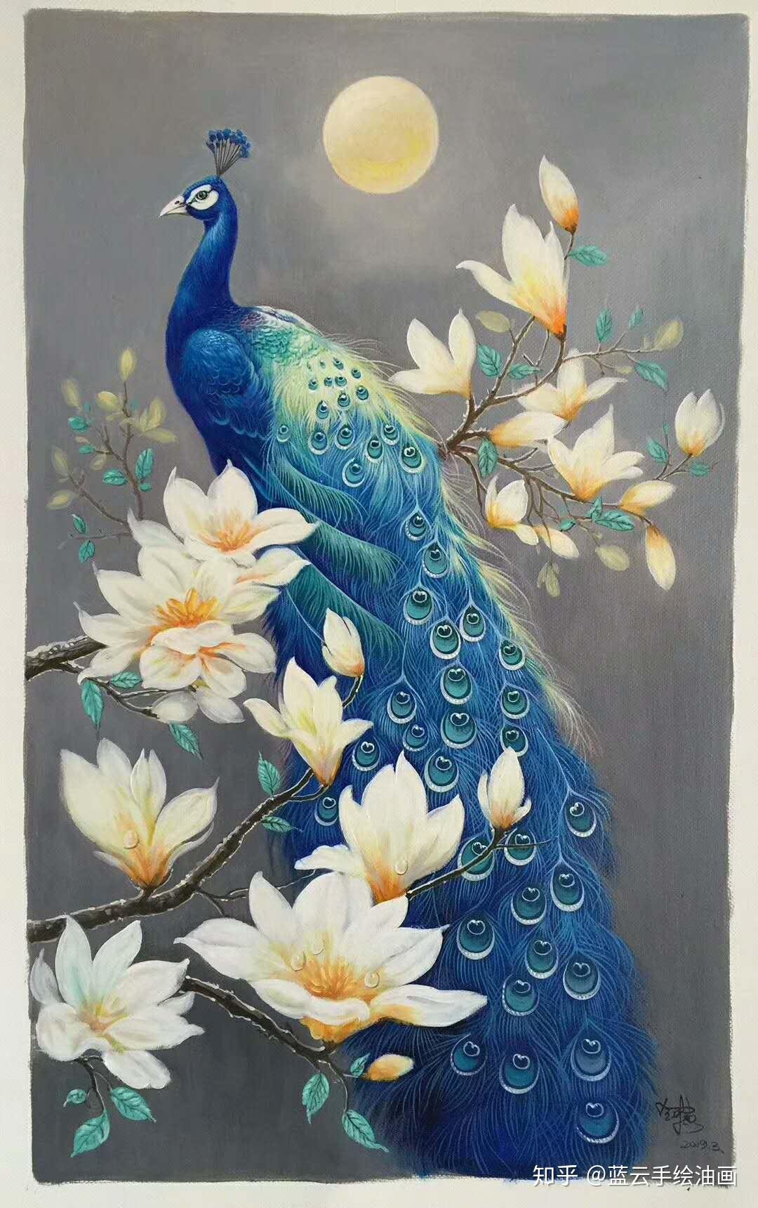 客厅入户玄关油孔雀挂画