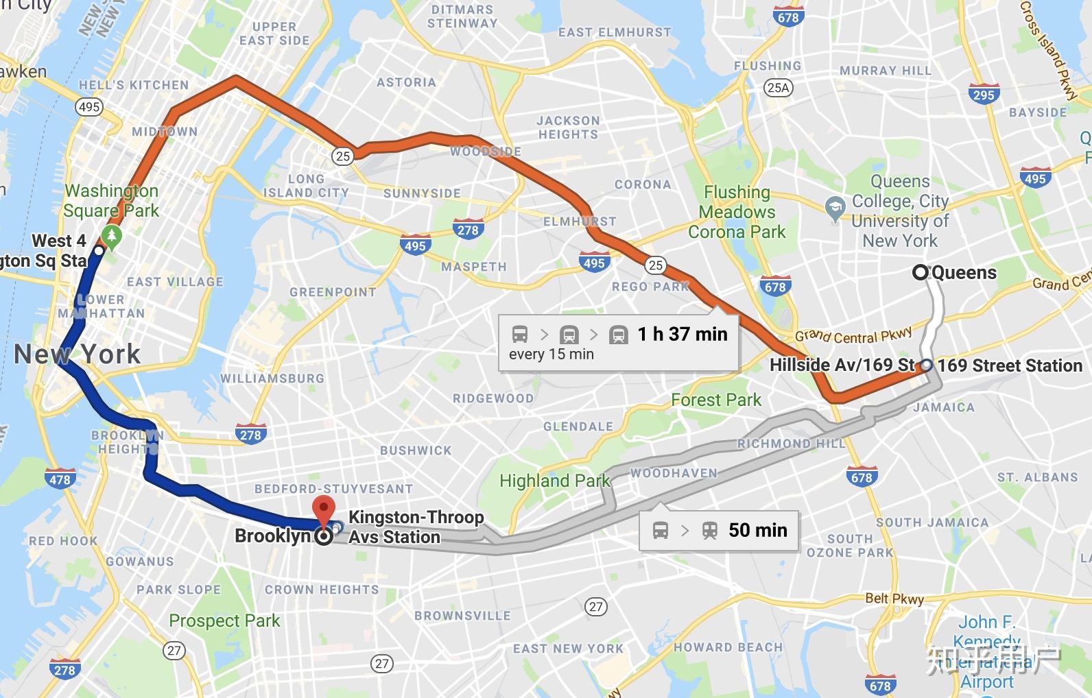 从皇后区去布鲁克林区如果非要坐地铁必须要从曼哈顿转一下,如果要坐