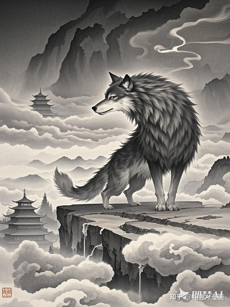 水墨写意狼野兽凶猛孤傲ai绘画手机壁纸