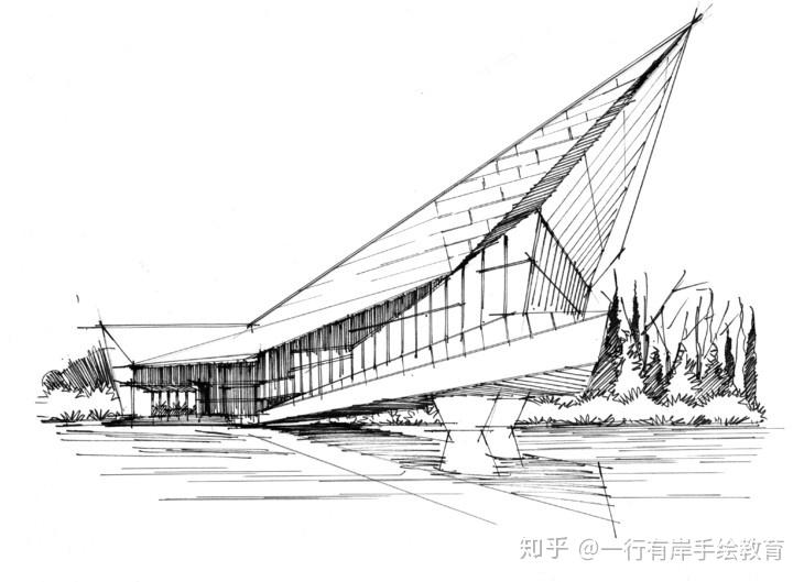 然后墨线勾出整体的建筑形体,注意结构