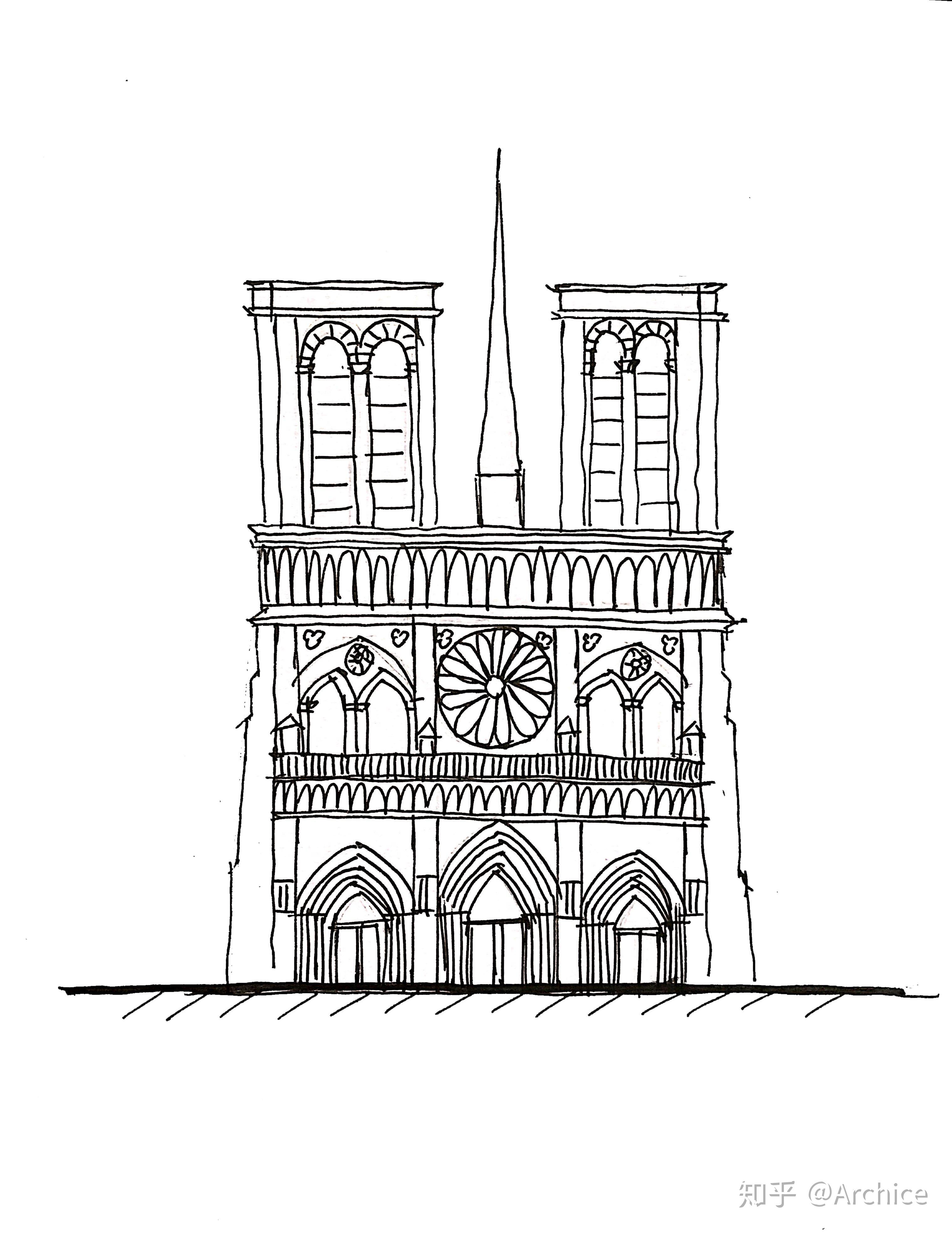 巴黎圣母院西立面:在这个图中,我们要精确表示出的有以下几个点:平面