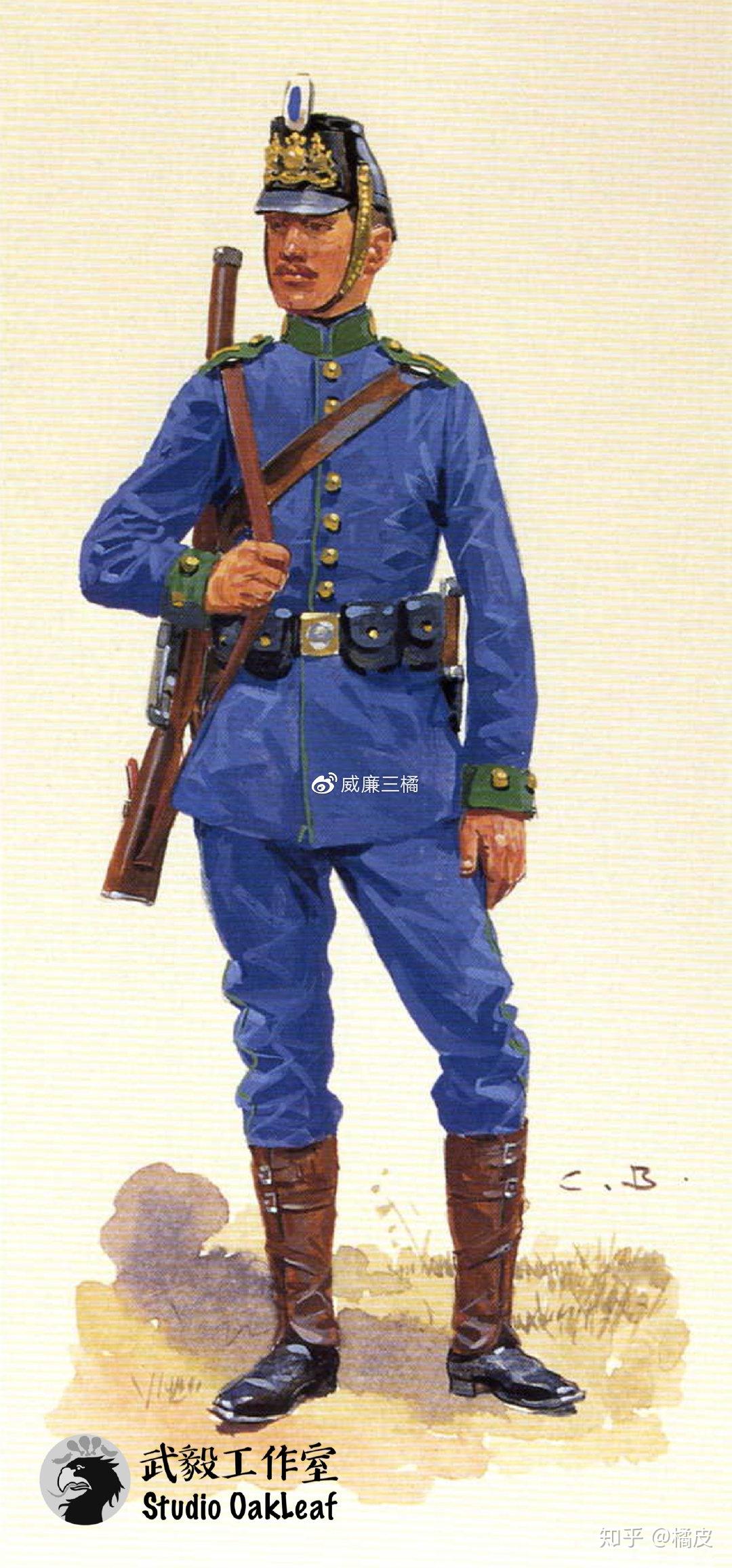 该团建于1900年,慕尼黑驻防;图中士兵佩戴巴伐利亚步兵射击饰绪111