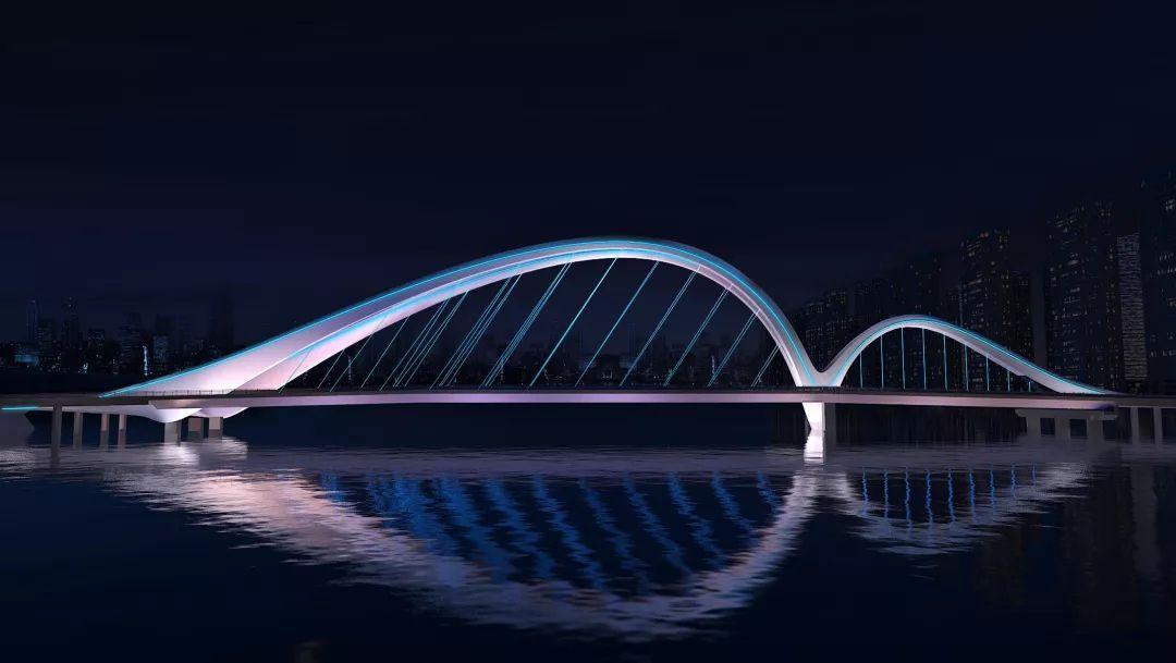 采用现代整体风格为下承式系杆拱桥凤凰山路跨风河大桥桥梁长度349