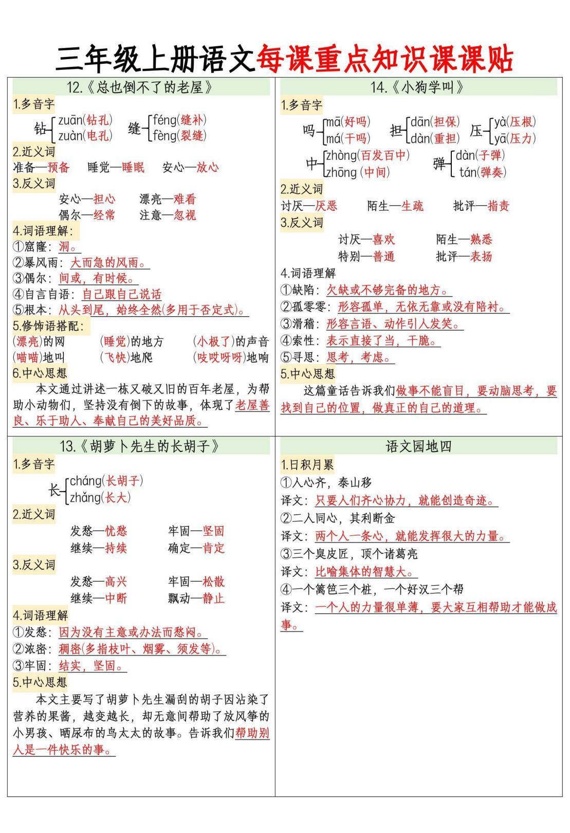 25年新版三年级上册语文《每课重点一课一贴》,电子版可下载 - 知乎