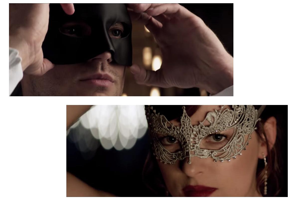 灰》的续集《五十度黑》之前的预告片,最抢眼的就是他们戴上的面具(你