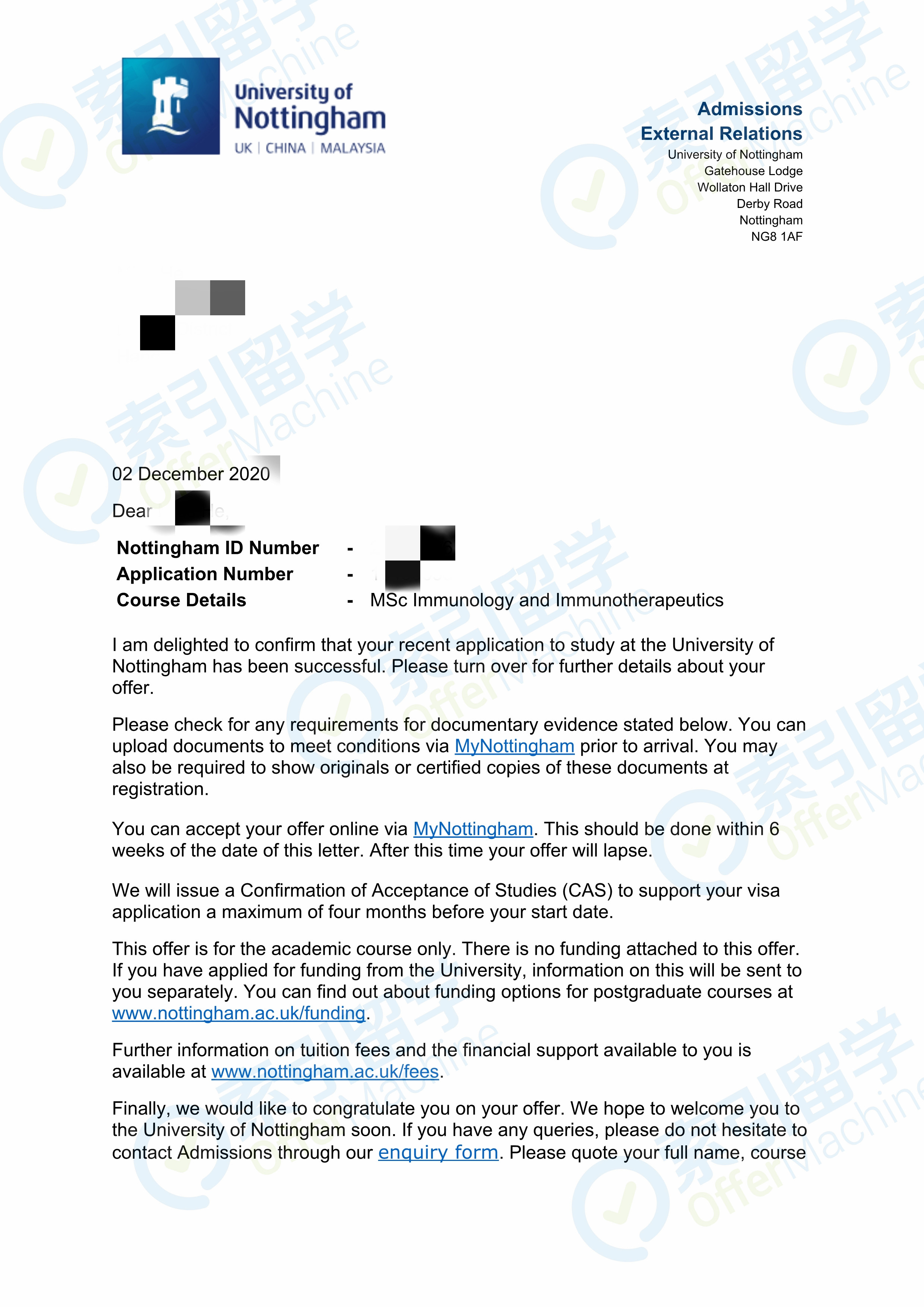 收获诺丁汉大学offer