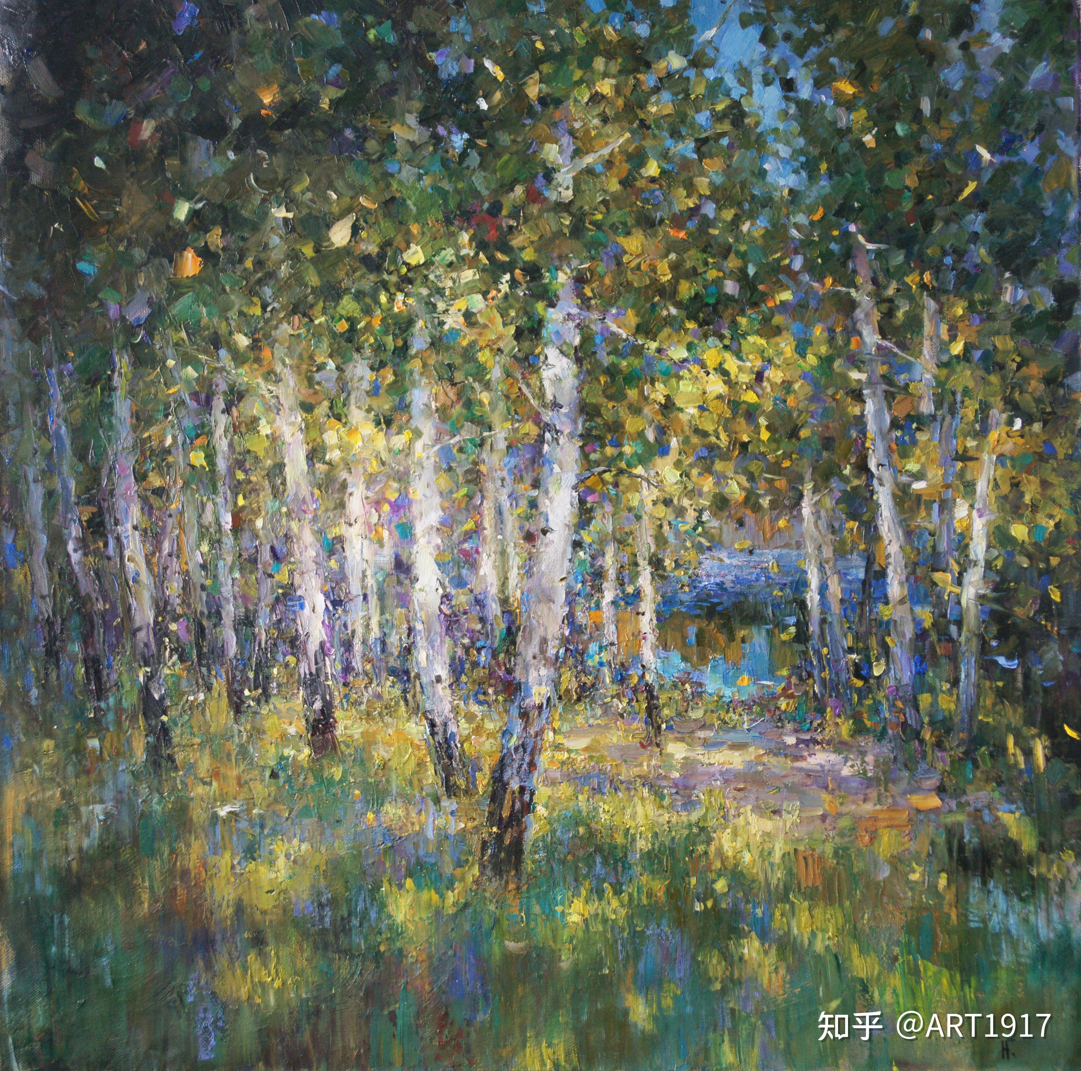 戈尔巴切娃·娜达利亚《桦树林》布面油画 80x80cm 2016年俄罗斯民歌