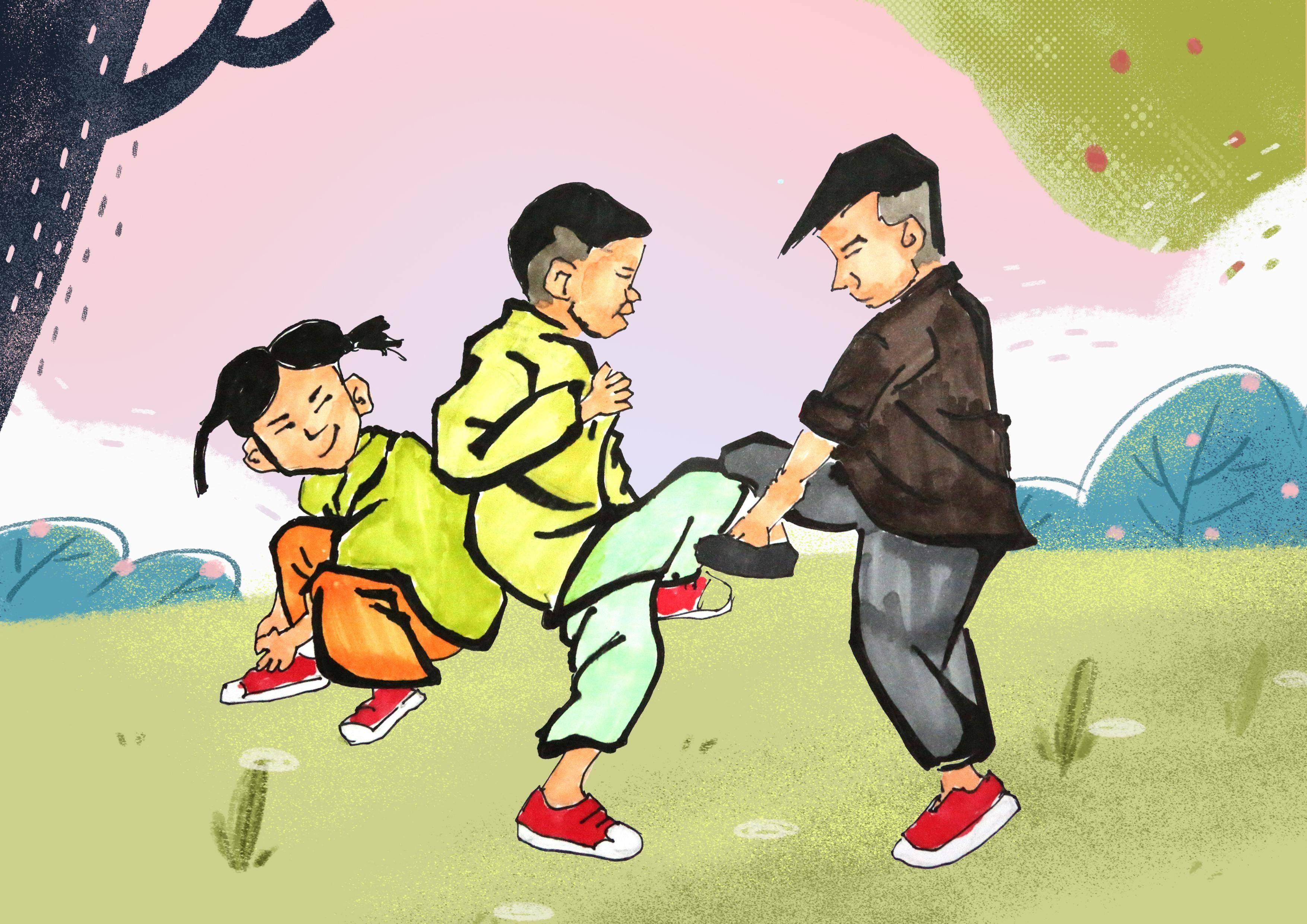 顶拐拐,实际上两个小朋友互撞膝盖的游戏,游戏规则要求小朋友们只能用