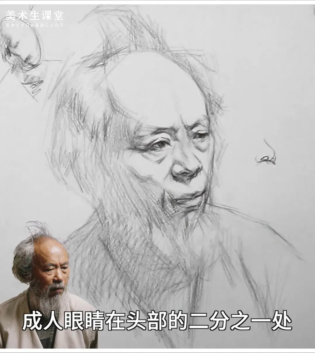 聯考素描教程①丨四分之三側長鬍子男老年素描頭像教學講解課