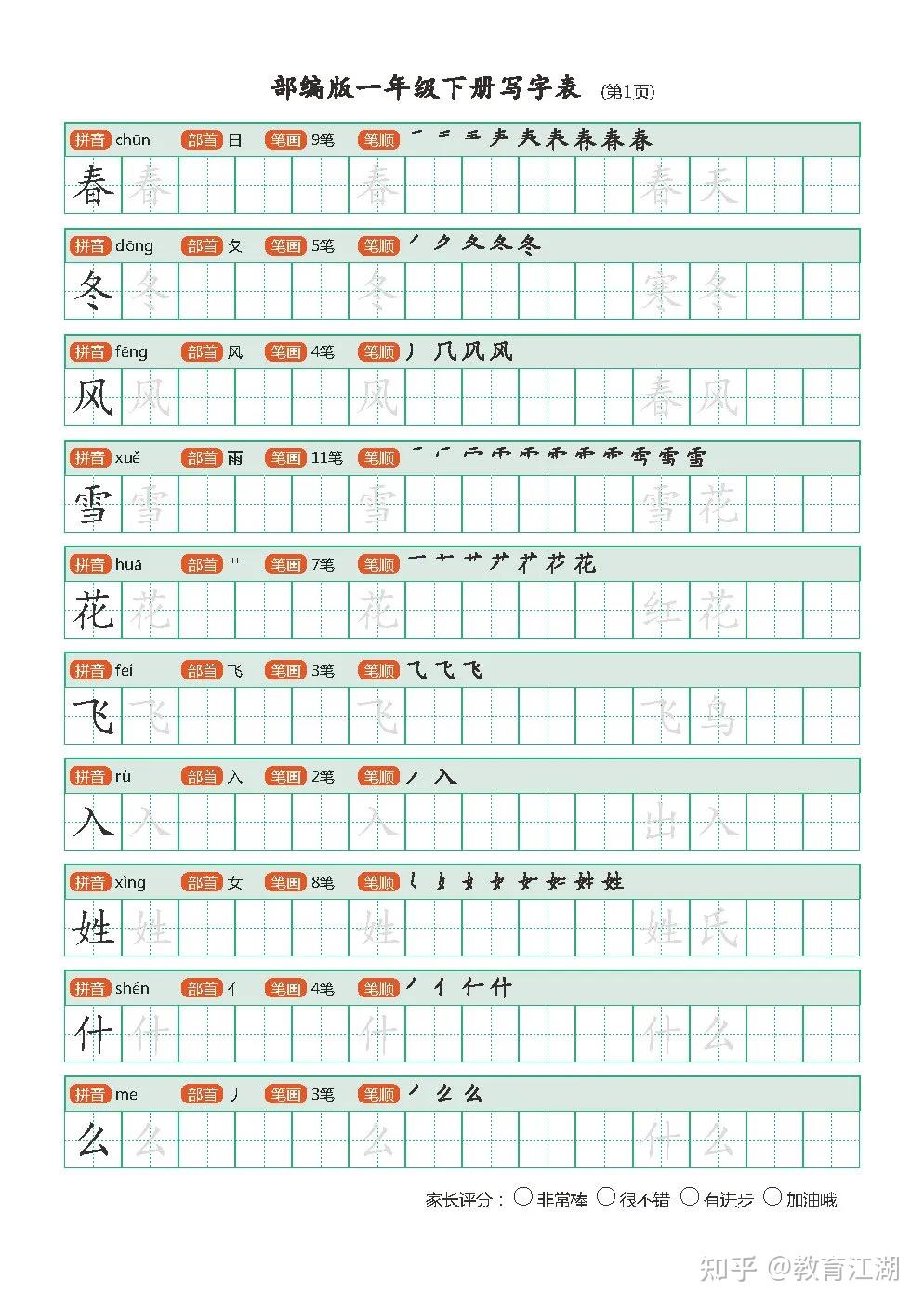 人教部编版语文一年级下册写字表字帖,含笔顺、组词,可打印 - 知乎