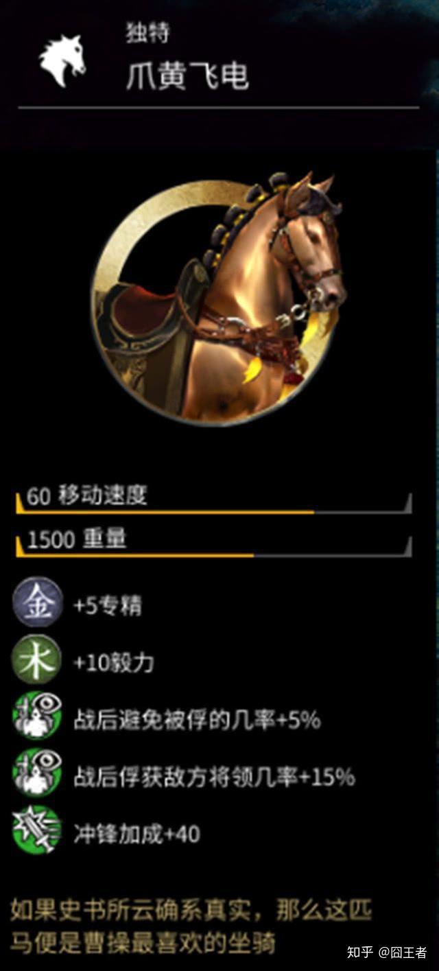 全战三国中,爪黄飞电是所有四良驹中比较中庸的,也是少有的可以通过驯