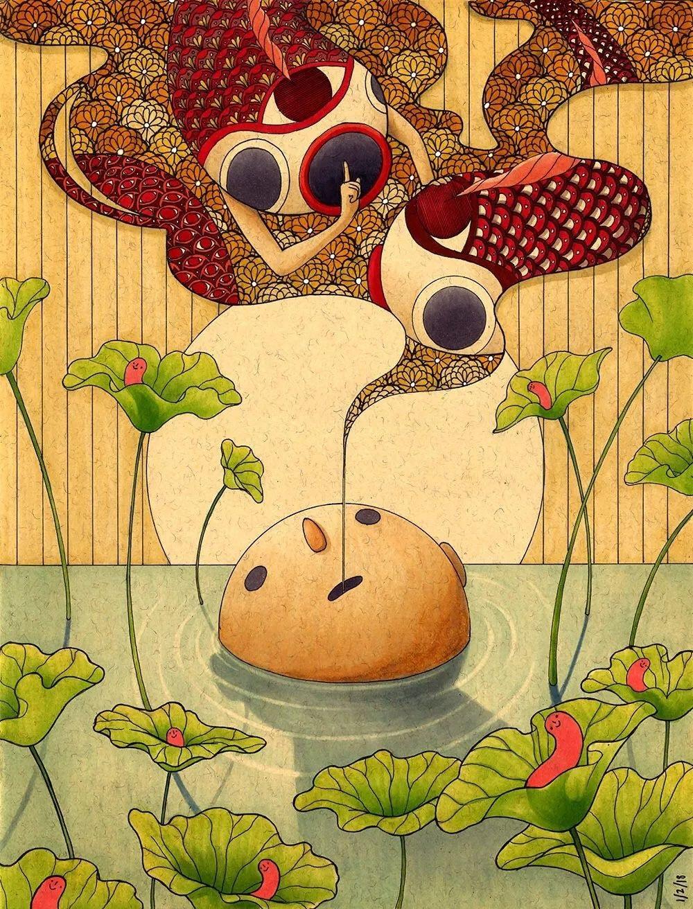 插画专业赏析怪诞又孤独一个人的放空状态