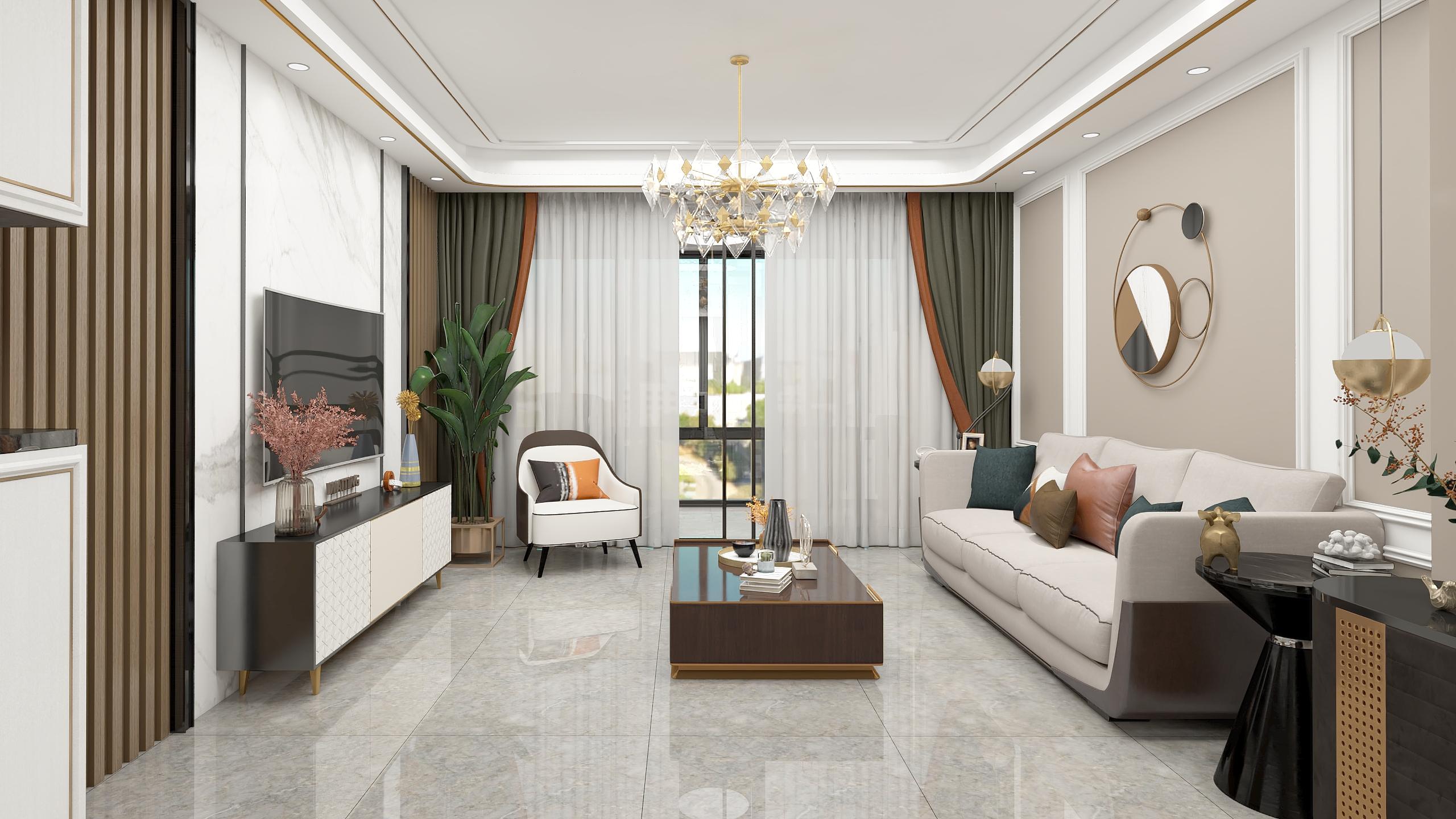 客厅灰色大理石纹地砖通铺,踢脚线采用与木门门套同款的黑色木纹设计